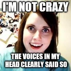 Crazy Girlfriend | I'M NOT CRAZY; THE VOICES IN MY HEAD CLEARLY SAID SO | image tagged in crazy girlfriend,crazy,voices,creepy smile | made w/ Imgflip meme maker