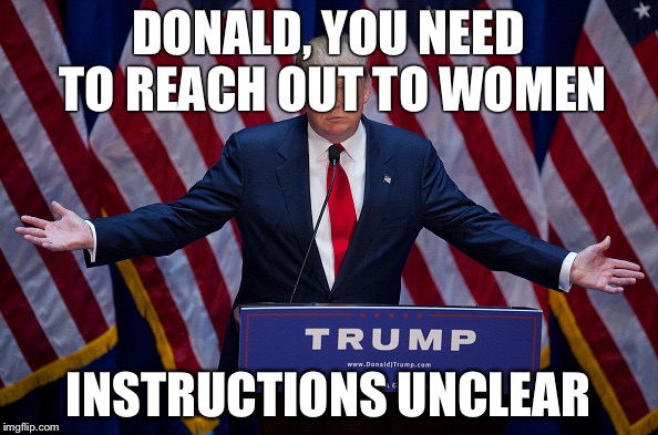 Donald Trump | DONALD, YOU NEED TO REACH OUT TO WOMEN; INSTRUCTIONS UNCLEAR | image tagged in donald trump | made w/ Imgflip meme maker