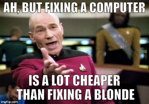 Picard Wtf Meme | AH, BUT FIXING A COMPUTER IS A LOT CHEAPER THAN FIXING A BLONDE | image tagged in memes,picard wtf | made w/ Imgflip meme maker