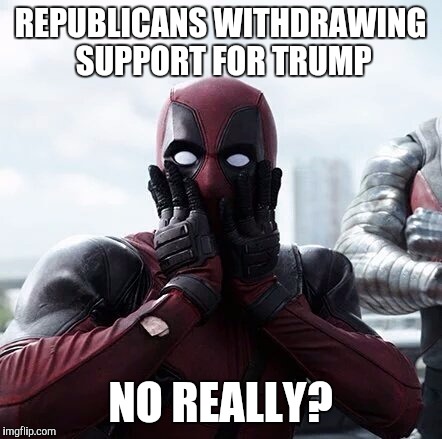 Deadpool Surprised | REPUBLICANS WITHDRAWING SUPPORT FOR TRUMP; NO REALLY? | image tagged in memes,deadpool surprised | made w/ Imgflip meme maker