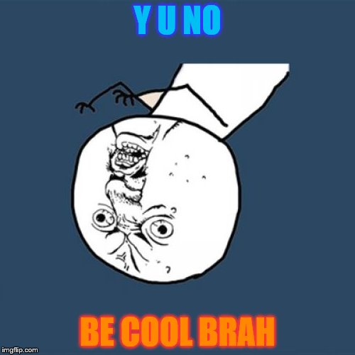 BE COOL BRAH!!! {I WILL NEVER TELL U WHO I AM BTW MUAHAHAHAHAHAHAAAAA!!!} | Y U NO; BE COOL BRAH | image tagged in memes,y u no | made w/ Imgflip meme maker