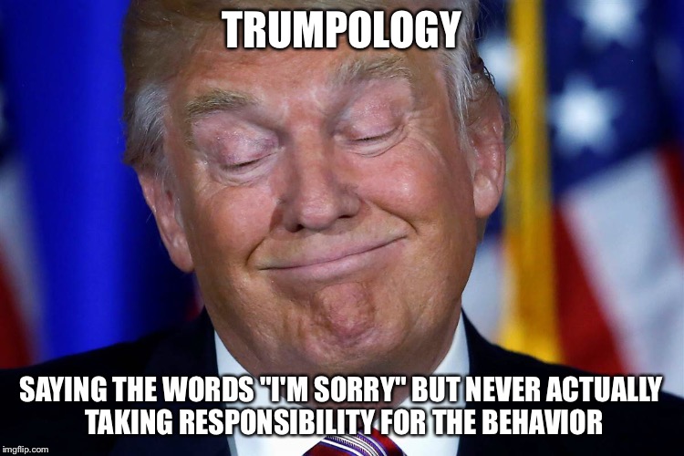 Trumpology | TRUMPOLOGY; SAYING THE WORDS "I'M SORRY" BUT NEVER ACTUALLY TAKING RESPONSIBILITY FOR THE BEHAVIOR | image tagged in trump,apology,dumptrump | made w/ Imgflip meme maker