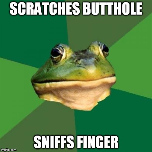 Foul Bachelor Frog Meme | SCRATCHES BUTTHOLE; SNIFFS FINGER | image tagged in memes,foul bachelor frog | made w/ Imgflip meme maker