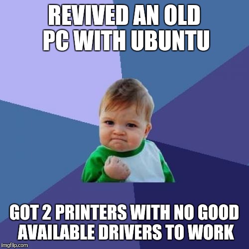 One was a color and the other an all in one with a scanner! | REVIVED AN OLD PC WITH UBUNTU; GOT 2 PRINTERS WITH NO GOOD AVAILABLE DRIVERS TO WORK | image tagged in memes,success kid | made w/ Imgflip meme maker