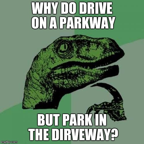 Philosoraptor | WHY DO DRIVE ON A PARKWAY; BUT PARK IN THE DIRVEWAY? | image tagged in memes,philosoraptor | made w/ Imgflip meme maker