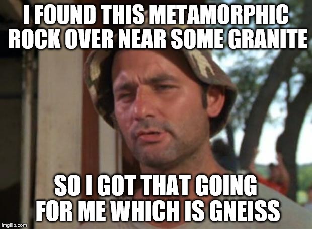geologist nice meme | I FOUND THIS METAMORPHIC ROCK OVER NEAR SOME GRANITE; SO I GOT THAT GOING FOR ME WHICH IS GNEISS | image tagged in memes,so i got that goin for me which is nice | made w/ Imgflip meme maker