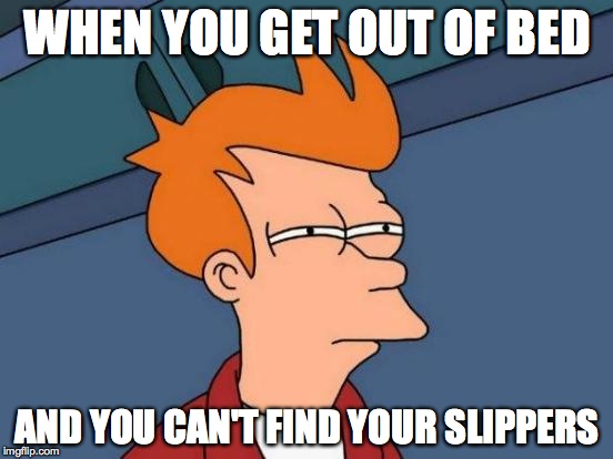 Futurama Fry Meme | WHEN YOU GET OUT OF BED; AND YOU CAN'T FIND YOUR SLIPPERS | image tagged in memes,futurama fry | made w/ Imgflip meme maker
