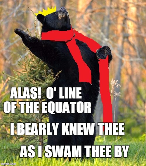drama queen | ALAS!  O' LINE OF THE EQUATOR I BEARLY KNEW THEE AS I SWAM THEE BY | image tagged in drama queen | made w/ Imgflip meme maker