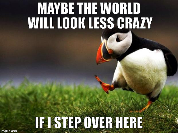 A Matter of Perspective | MAYBE THE WORLD WILL LOOK LESS CRAZY; IF I STEP OVER HERE | image tagged in memes,unpopular opinion puffin,crazy world,crazy | made w/ Imgflip meme maker