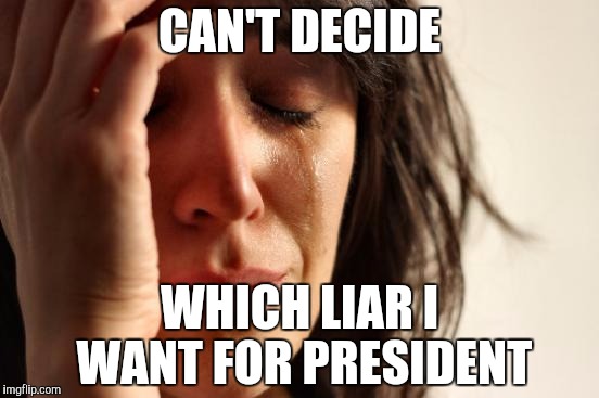 First World Problems | CAN'T DECIDE; WHICH LIAR I WANT FOR PRESIDENT | image tagged in memes,first world problems | made w/ Imgflip meme maker