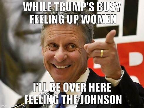 The Johnson in the Middle | WHILE TRUMP'S BUSY FEELING UP WOMEN; I'LL BE OVER HERE FEELING THE JOHNSON | image tagged in gary johnson | made w/ Imgflip meme maker