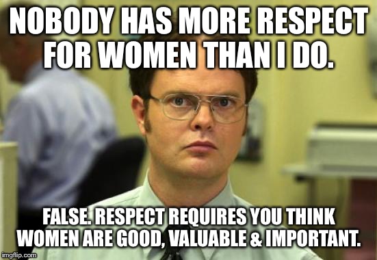 Dwight Schrute Meme | NOBODY HAS MORE RESPECT FOR WOMEN THAN I DO. FALSE. RESPECT REQUIRES YOU THINK WOMEN ARE GOOD, VALUABLE & IMPORTANT. | image tagged in memes,dwight schrute | made w/ Imgflip meme maker