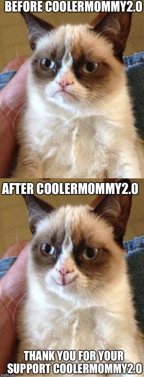 Grumpy Cat 2x Smile | BEFORE COOLERMOMMY2.0; AFTER COOLERMOMMY2.0; THANK YOU FOR YOUR SUPPORT COOLERMOMMY2.0 | image tagged in grumpy cat 2x smile | made w/ Imgflip meme maker