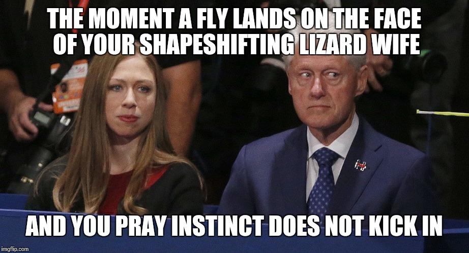 Fly job | THE MOMENT A FLY LANDS ON THE FACE OF YOUR SHAPESHIFTING LIZARD WIFE; AND YOU PRAY INSTINCT DOES NOT KICK IN | image tagged in lizard shapeshifting,fly,clinton,memes | made w/ Imgflip meme maker