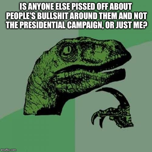 Philosoraptor presidential campaign | IS ANYONE ELSE PISSED OFF ABOUT PEOPLE'S BULLSHIT AROUND THEM AND NOT THE PRESIDENTIAL CAMPAIGN, OR JUST ME? | image tagged in memes,philosoraptor,president,2016,donald trump,hillary clinton | made w/ Imgflip meme maker