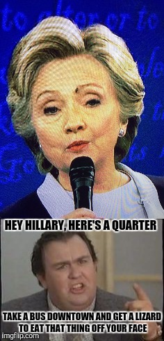 Uncle Buck your face hillary | HEY HILLARY, HERE'S A QUARTER; TAKE A BUS DOWNTOWN AND GET A LIZARD TO EAT THAT THING OFF YOUR FACE | image tagged in hillary clinton,hillary clinton 2016 | made w/ Imgflip meme maker