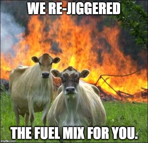 "We is Head Rejiggerists In Charge." | WE RE-JIGGERED; THE FUEL MIX FOR YOU. | image tagged in memes,evil cows,donald trump,rejiggered,hillary clinton | made w/ Imgflip meme maker