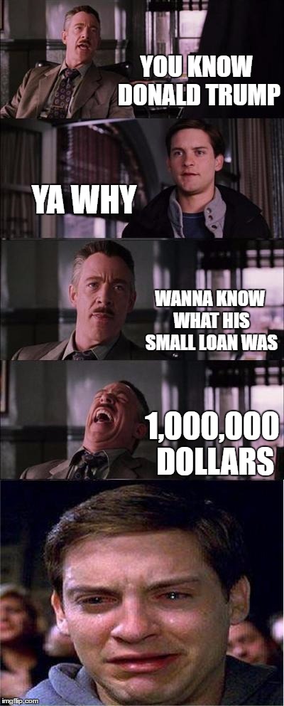 Peter Parker Cry | YOU KNOW DONALD TRUMP; YA WHY; WANNA KNOW WHAT HIS SMALL LOAN WAS; 1,000,000 DOLLARS | image tagged in memes,peter parker cry | made w/ Imgflip meme maker