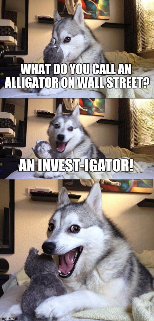Bad Pun Dog Meme | WHAT DO YOU CALL AN ALLIGATOR ON WALL STREET? AN INVEST-IGATOR! | image tagged in memes,bad pun dog | made w/ Imgflip meme maker