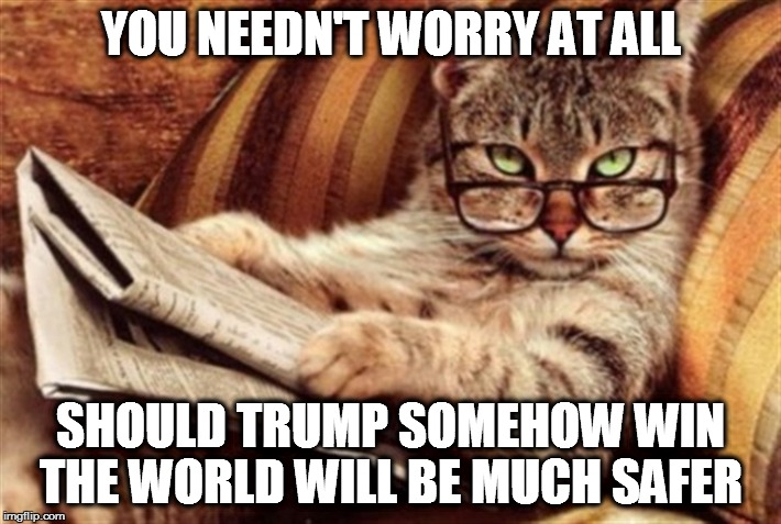 Cat reading news | YOU NEEDN'T WORRY AT ALL; SHOULD TRUMP SOMEHOW WIN THE WORLD WILL BE MUCH SAFER | image tagged in cat reading news | made w/ Imgflip meme maker