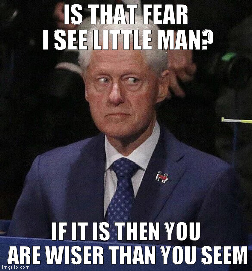 scared rapist bill clinton | IS THAT FEAR I SEE LITTLE MAN? IF IT IS THEN YOU ARE WISER THAN YOU SEEM | image tagged in scared rapist bill clinton | made w/ Imgflip meme maker