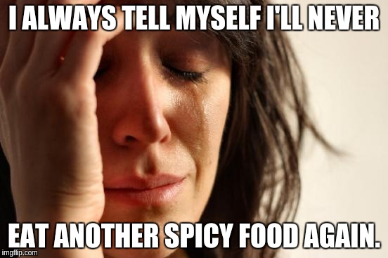 First World Problems Meme | I ALWAYS TELL MYSELF I'LL NEVER EAT ANOTHER SPICY FOOD AGAIN. | image tagged in memes,first world problems | made w/ Imgflip meme maker