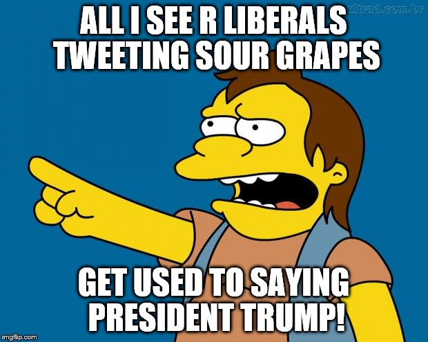 nelson retardado | ALL I SEE R LIBERALS TWEETING SOUR GRAPES; GET USED TO SAYING PRESIDENT TRUMP! | image tagged in nelson retardado | made w/ Imgflip meme maker