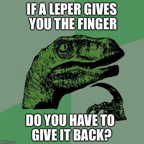 Philosoraptor | IF A LEPER GIVES YOU THE FINGER; DO YOU HAVE TO GIVE IT BACK? | image tagged in memes,philosoraptor | made w/ Imgflip meme maker