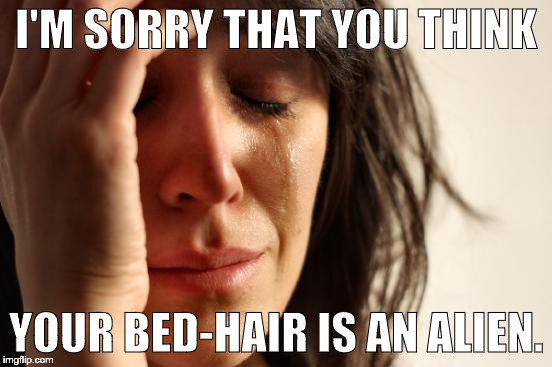 First World Problems Meme | I'M SORRY THAT YOU THINK YOUR BED-HAIR IS AN ALIEN. | image tagged in memes,first world problems | made w/ Imgflip meme maker