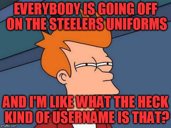 Futurama Fry Meme | EVERYBODY IS GOING OFF ON THE STEELERS UNIFORMS AND I'M LIKE WHAT THE HECK KIND OF USERNAME IS THAT? | image tagged in memes,futurama fry | made w/ Imgflip meme maker