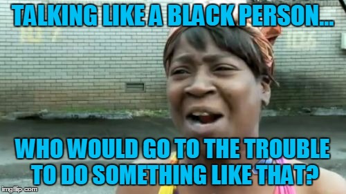Ain't Nobody Got Time For That Meme | TALKING LIKE A BLACK PERSON... WHO WOULD GO TO THE TROUBLE TO DO SOMETHING LIKE THAT? | image tagged in memes,aint nobody got time for that | made w/ Imgflip meme maker