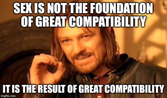 For those of you confused on how sex works.  Test-driving before marriage is the wrong approach. | SEX IS NOT THE FOUNDATION OF GREAT COMPATIBILITY; IT IS THE RESULT OF GREAT COMPATIBILITY | image tagged in memes,one does not simply | made w/ Imgflip meme maker