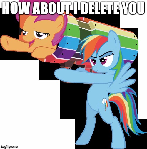 rainbow dash scootaloo bazooka | HOW ABOUT I DELETE YOU | image tagged in rainbow dash scootaloo bazooka | made w/ Imgflip meme maker