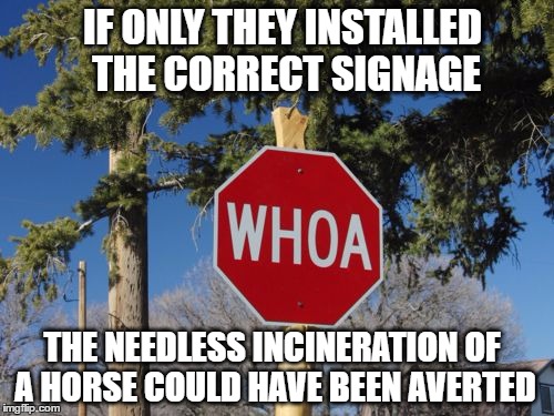 IF ONLY THEY INSTALLED THE CORRECT SIGNAGE THE NEEDLESS INCINERATION OF A HORSE COULD HAVE BEEN AVERTED | made w/ Imgflip meme maker