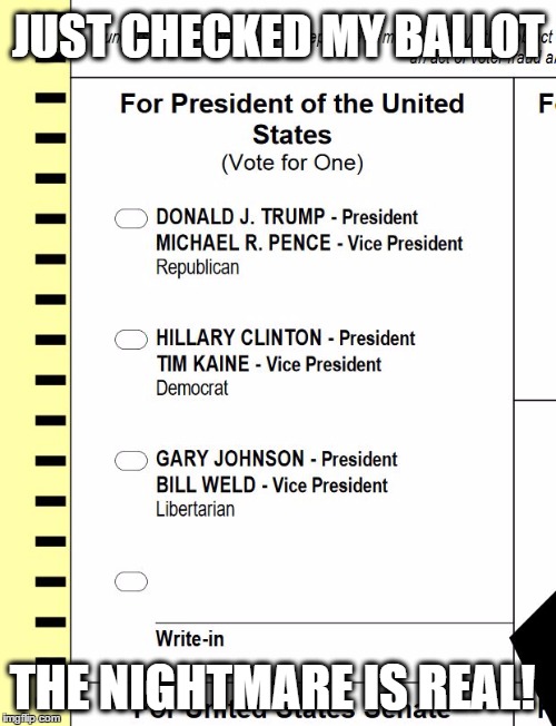 America May Never Wake Up... | JUST CHECKED MY BALLOT; THE NIGHTMARE IS REAL! | image tagged in 2016 ballot,election 2016,trump 2016,hillary clinton 2016,president 2016 | made w/ Imgflip meme maker