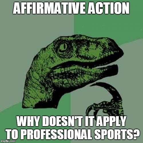 Double standard, perhaps? | AFFIRMATIVE ACTION; WHY DOESN'T IT APPLY TO PROFESSIONAL SPORTS? | image tagged in memes,philosoraptor,all lives matter,affirmative action | made w/ Imgflip meme maker