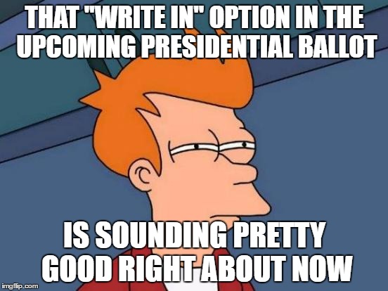 Futurama Fry | THAT "WRITE IN" OPTION IN THE UPCOMING PRESIDENTIAL BALLOT; IS SOUNDING PRETTY GOOD RIGHT ABOUT NOW | image tagged in memes,futurama fry | made w/ Imgflip meme maker