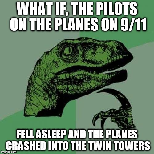 Philosoraptor | WHAT IF, THE PILOTS ON THE PLANES ON 9/11; FELL ASLEEP AND THE PLANES CRASHED INTO THE TWIN TOWERS | image tagged in memes,philosoraptor | made w/ Imgflip meme maker