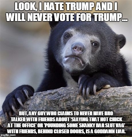 Confession Bear Meme | LOOK, I HATE TRUMP AND I WILL NEVER VOTE FOR TRUMP... BUT, ANY GUY WHO CLAIMS TO NEVER HAVE BRO TALKED WITH FRIENDS ABOUT 'SLAYING THAT HOT CHICK AT THE OFFICE' OR 'POUNDING SOME SKANKY BAR SLUT VAG' WITH FRIENDS, BEHIND CLOSED DOORS, IS A GODDAMN LIAR. | image tagged in memes,confession bear | made w/ Imgflip meme maker