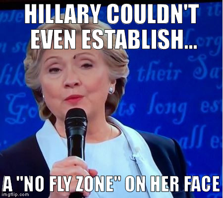 Very fitting, because flies are always attracted to.... | HILLARY COULDN'T EVEN ESTABLISH... A "NO FLY ZONE" ON HER FACE | image tagged in hillary clinton,hillaryclinton,election 2016,funny memes,memes | made w/ Imgflip meme maker