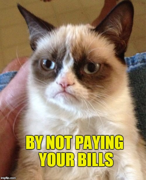 Grumpy Cat Meme | BY NOT PAYING YOUR BILLS | image tagged in memes,grumpy cat | made w/ Imgflip meme maker