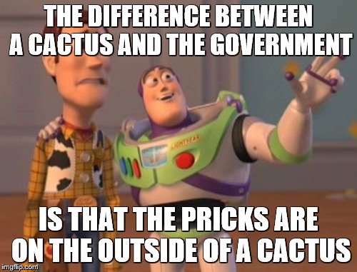 The controversy corner, with TheGuyHere | THE DIFFERENCE BETWEEN A CACTUS AND THE GOVERNMENT; IS THAT THE PRICKS ARE ON THE OUTSIDE OF A CACTUS | image tagged in memes,x x everywhere,government | made w/ Imgflip meme maker