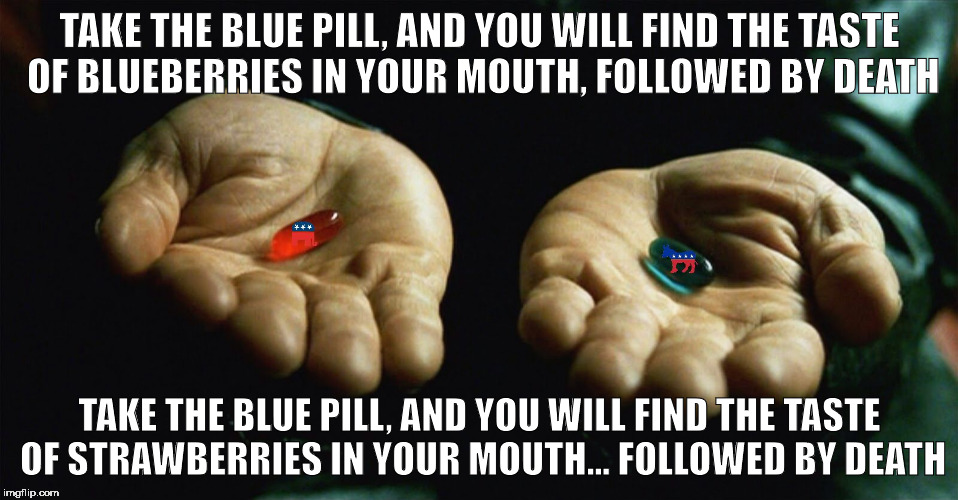 TAKE THE BLUE PILL, AND YOU WILL FIND THE TASTE OF BLUEBERRIES IN YOUR MOUTH, FOLLOWED BY DEATH; TAKE THE BLUE PILL, AND YOU WILL FIND THE TASTE OF STRAWBERRIES IN YOUR MOUTH... FOLLOWED BY DEATH | image tagged in elect a pill | made w/ Imgflip meme maker