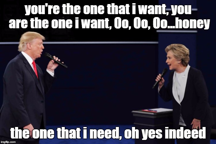 "Grease" The Golden Years | you're the one that i want, you are the one i want, Oo, Oo, Oo...honey; the one that i need, oh yes indeed | image tagged in meme,grease,donald trump,hillary clinton,2016 presidential candidates | made w/ Imgflip meme maker