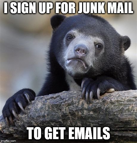 Confession Bear | I SIGN UP FOR JUNK MAIL; TO GET EMAILS | image tagged in memes,confession bear | made w/ Imgflip meme maker