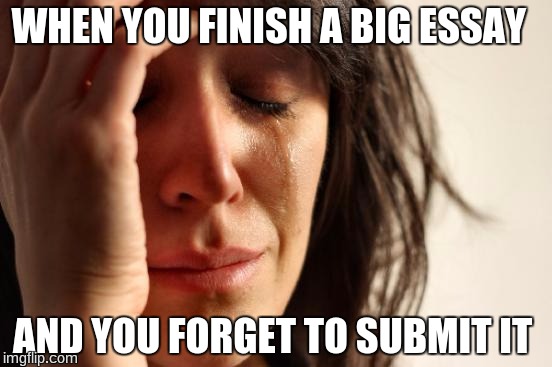 First World Problems | WHEN YOU FINISH A BIG ESSAY; AND YOU FORGET TO SUBMIT IT | image tagged in memes,first world problems | made w/ Imgflip meme maker