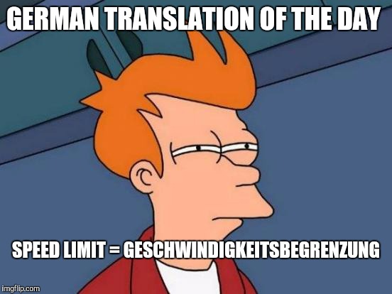 Futurama Fry Meme | GERMAN TRANSLATION OF THE DAY; SPEED LIMIT = GESCHWINDIGKEITSBEGRENZUNG | image tagged in memes,futurama fry | made w/ Imgflip meme maker