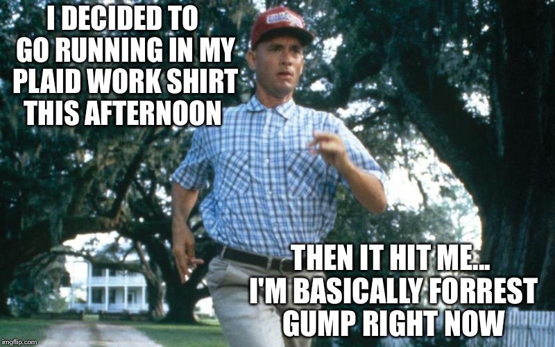 Stuff I do in real life... | I DECIDED TO GO RUNNING IN MY PLAID WORK SHIRT THIS AFTERNOON; THEN IT HIT ME... I'M BASICALLY FORREST GUMP RIGHT NOW | image tagged in running forrest gump,running,running man | made w/ Imgflip meme maker