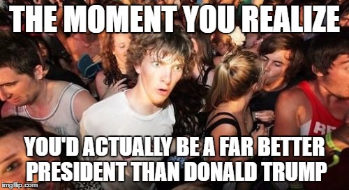 Sudden Clarity Clarence Meme | THE MOMENT YOU REALIZE; YOU'D ACTUALLY BE A FAR BETTER PRESIDENT THAN DONALD TRUMP | image tagged in memes,sudden clarity clarence | made w/ Imgflip meme maker