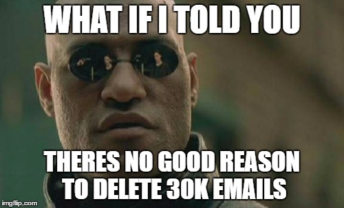 Matrix Morpheus | WHAT IF I TOLD YOU; THERES NO GOOD REASON TO DELETE 30K EMAILS | image tagged in memes,matrix morpheus | made w/ Imgflip meme maker